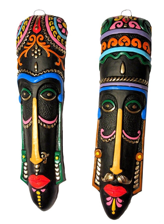 Suninow exclusive Terracotta tribal mask | Terracotta wall hanging tribal king queen mask decorative showpiece Decorative Showpiece - 40 cm (Terracotta, Black) - Image 1